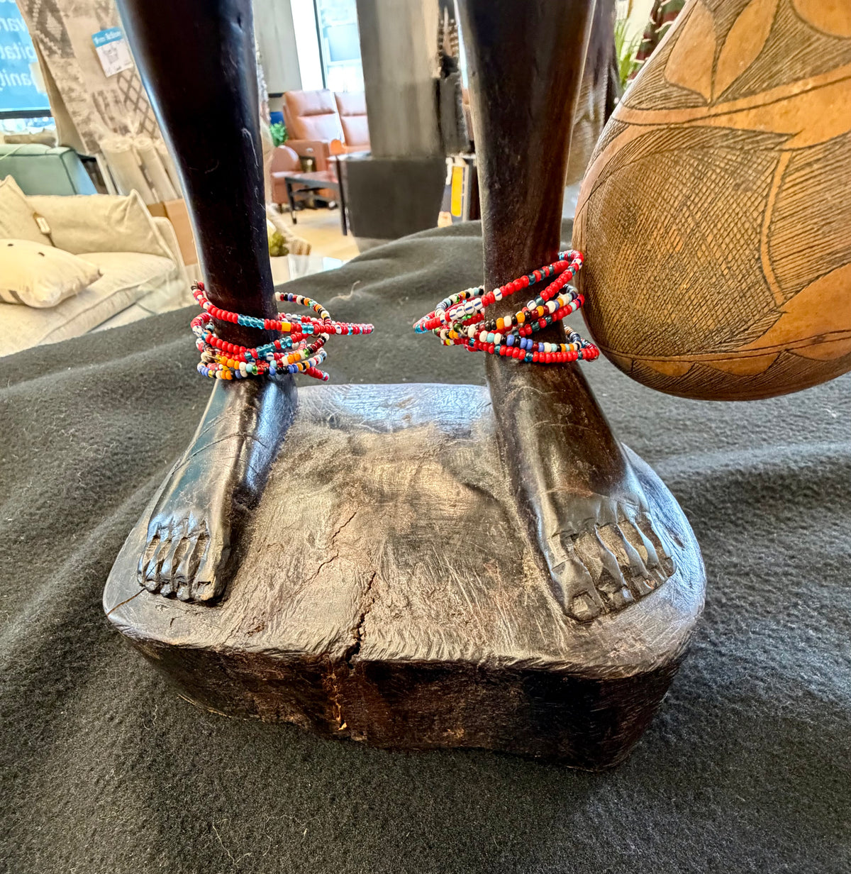 Hand-Carved Wooden African Woman Figurine with Traditional Gourd and Vibrant Beadwork