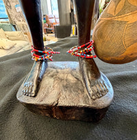 Hand-Carved Wooden African Woman Figurine with Traditional Gourd and Vibrant Beadwork