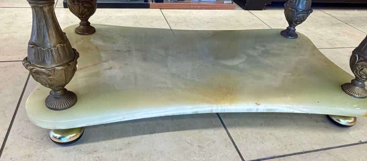 Stunning Vintage Green Onyx and Brass Coffee Table with Lower Shelf