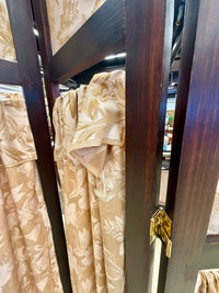 AS IS Arched 4-Panel Folding Room Divider Screen with  Damask Fabric Panels & Curtains Used as a Theatre Set Prop