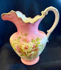 Vintage Hand-Painted Pink and Cream Floral Ceramic Pitcher with Gilded Trim