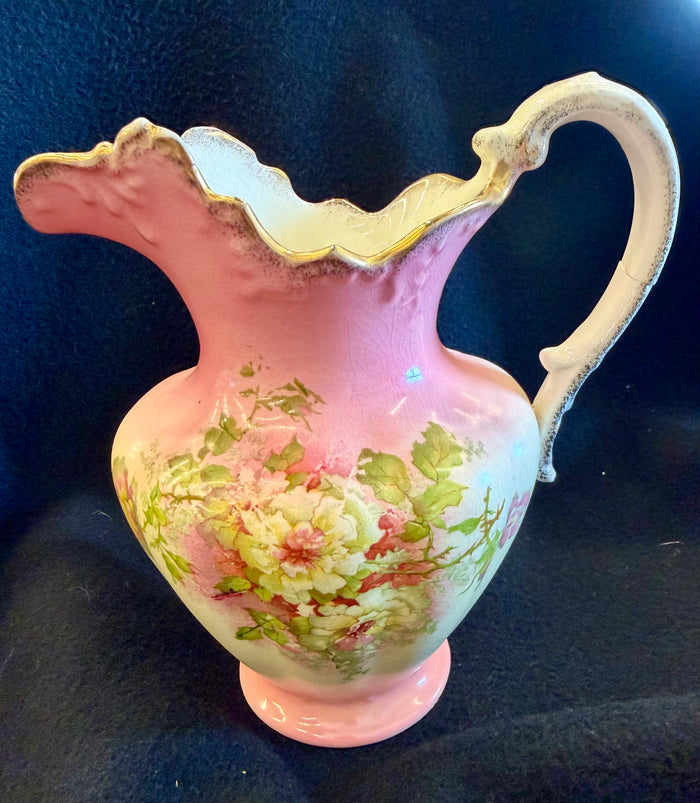 Vintage Hand-Painted Pink and Cream Floral Ceramic Pitcher with Gilded Trim