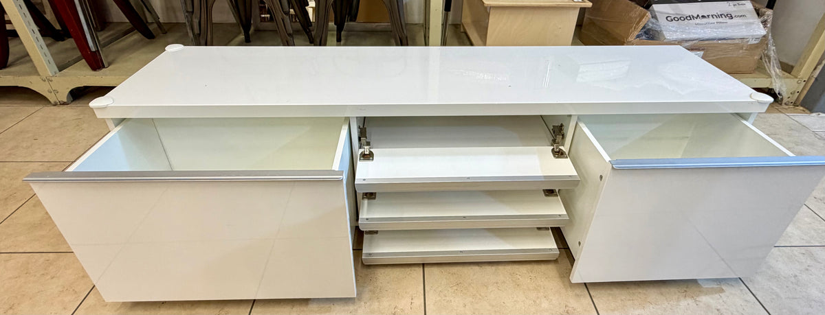 Modern High-Gloss White Low-Profile TV Bench & Media Console Console with Storage Drawers & Shelves