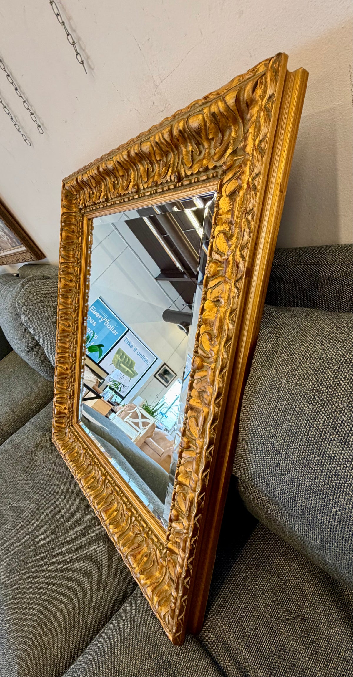 Ornate Baroque-Style Gilded Wood Framed Beveled Wall Mirror