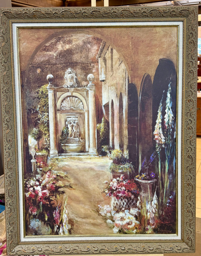 Grand Scale Mediterranean Courtyard Oil Painting by M. Dulon – 36" x 46"