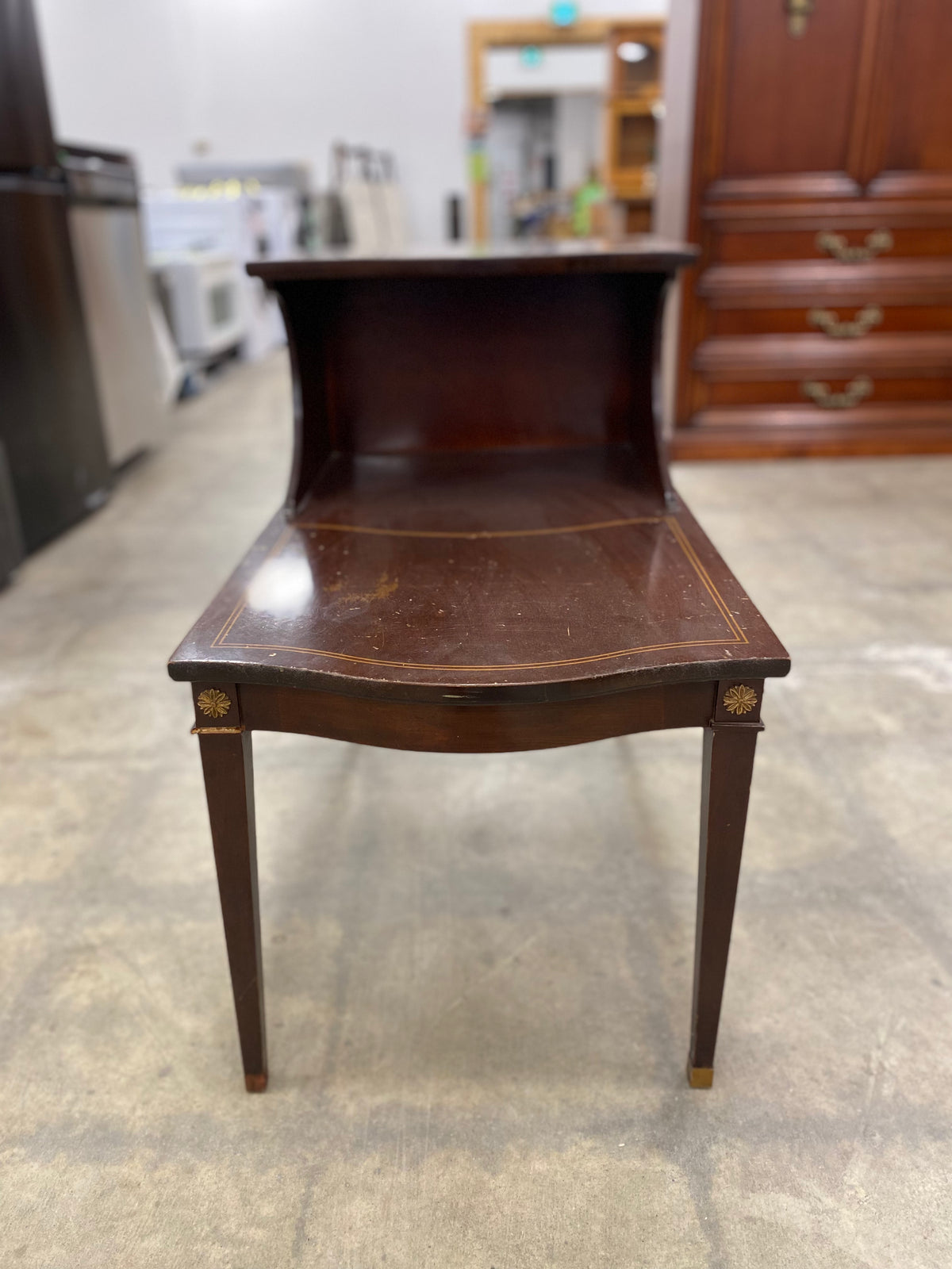 Mahogany Two - Tiered Side Table with Brass Accents