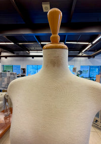 Vintage Cream Fabric Dressmaker Mannequin Tailor's Dummy on Dark Wood Pedestal Stand
