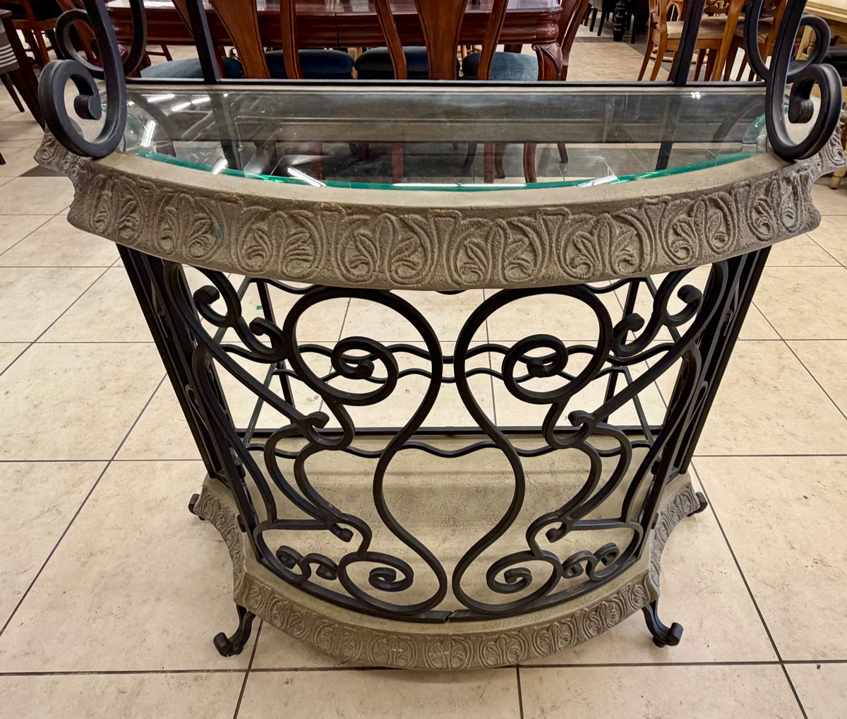 Ornate Mediterranean Wrought Iron Wine Bar & Baker's Rack with Carved Stone-Look Trim