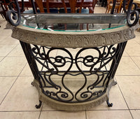 Ornate Mediterranean Wrought Iron Wine Bar & Baker's Rack with Carved Stone-Look Trim