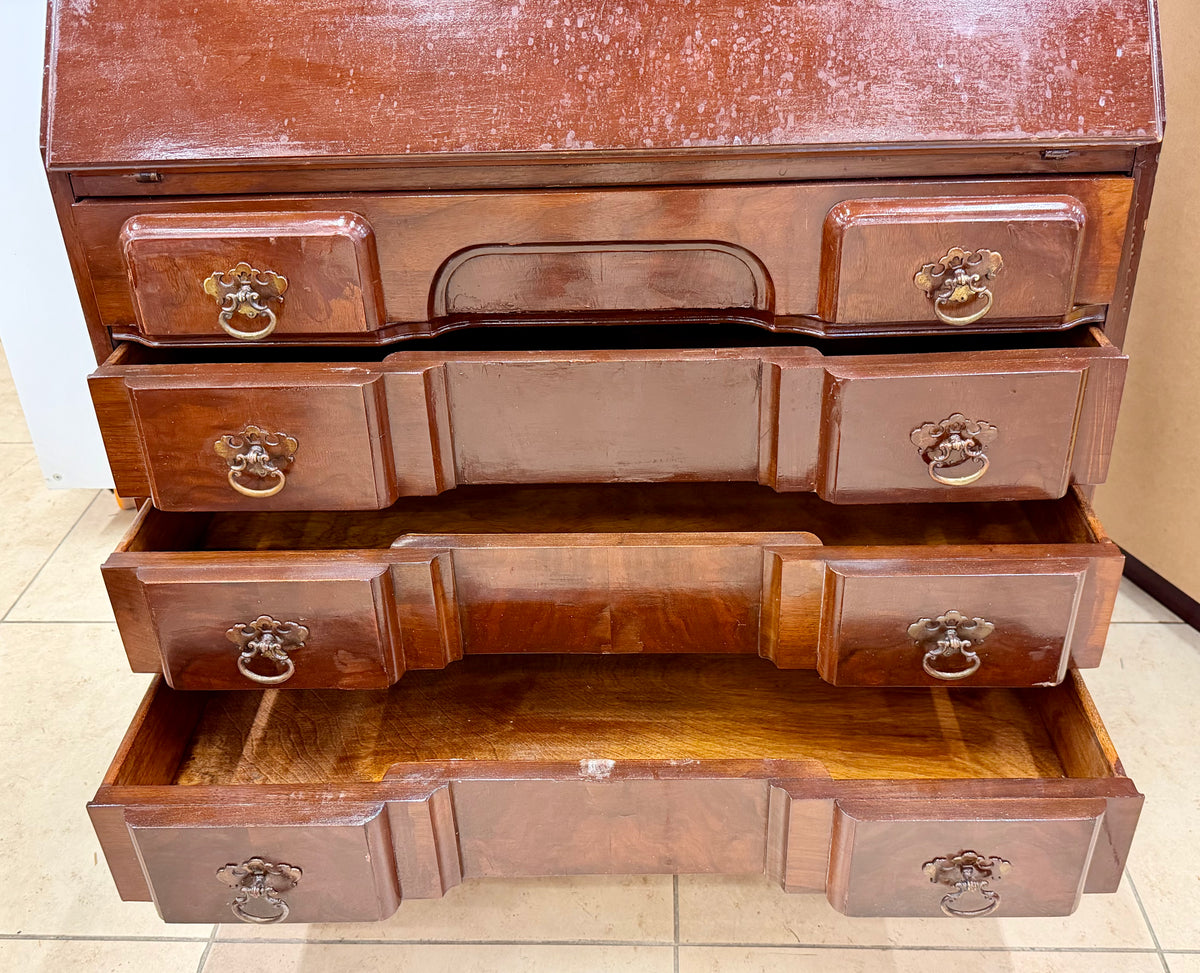 Vintage Chippendale Style Secretary Desk with Glass Bookcase Top