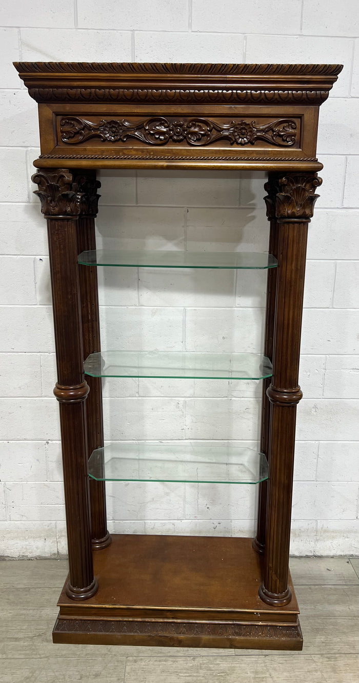 Decorative Wood Pillar Glass Shelf Unit