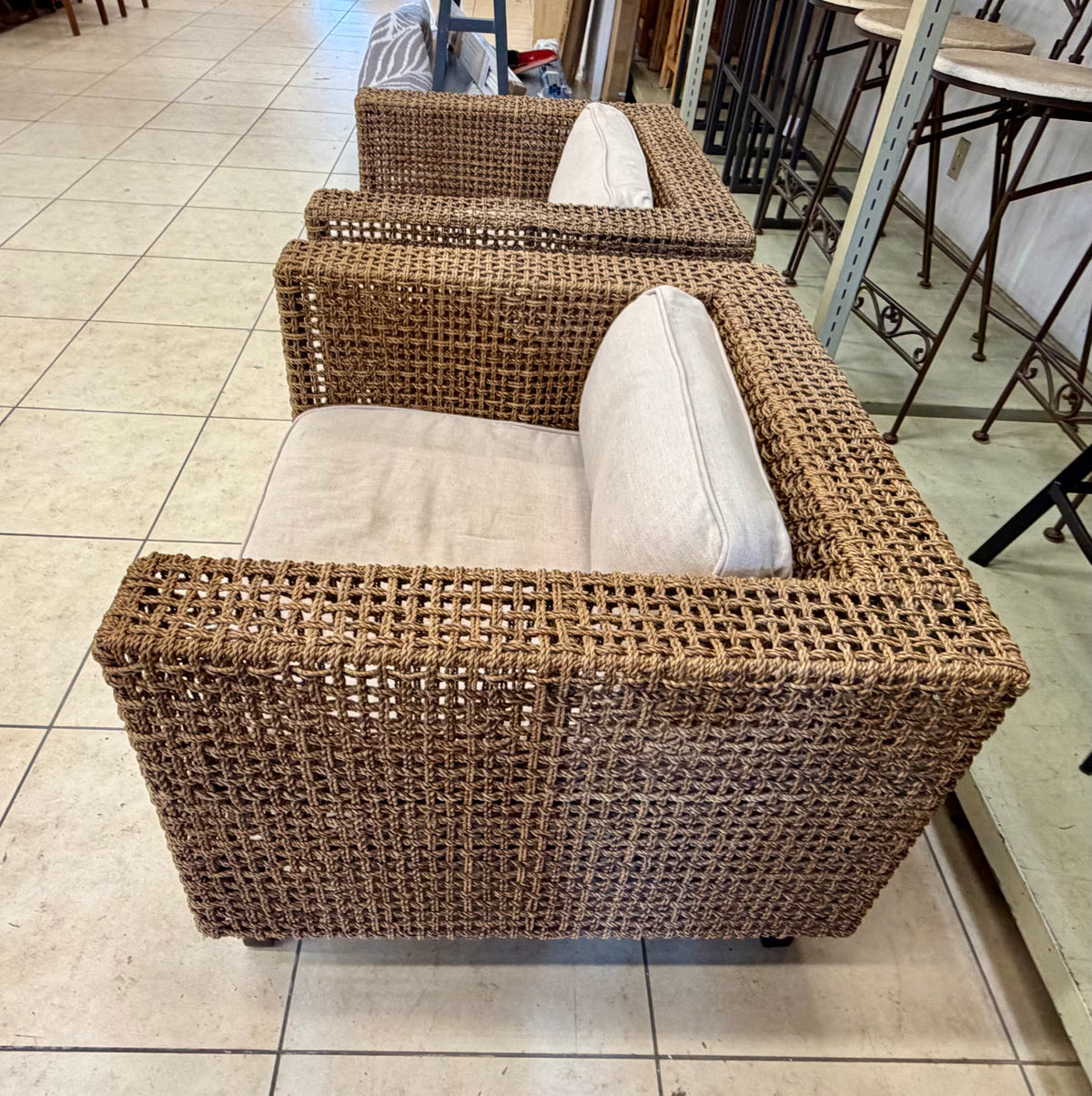 Woven Seagrass & Linen Armchairs (Pair)