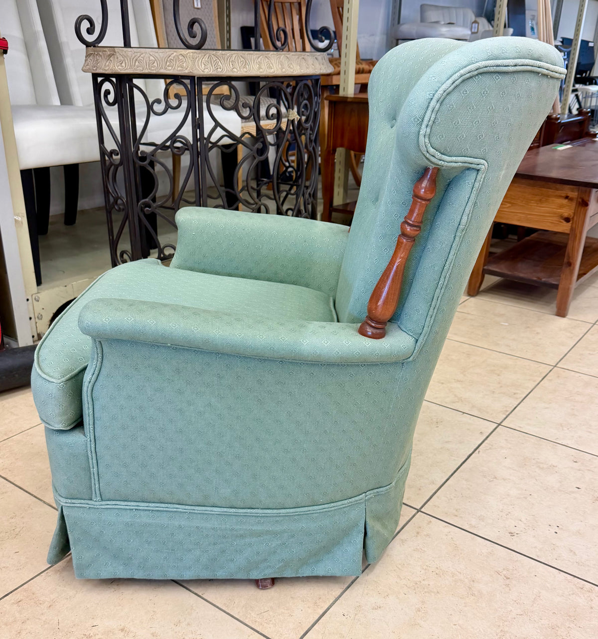 Vintage Sage Green Tufted Armchair with Turned Wood Accents