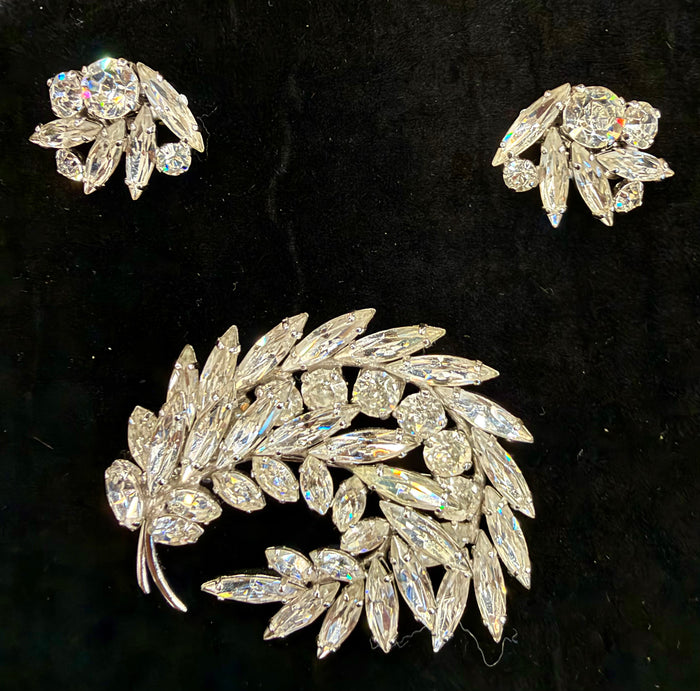 Vintage Signed Sherman Clear Crystal Rhinestone Wreath Brooch & Earrings Set