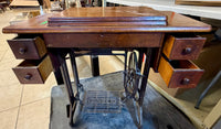 Antique 5-Drawer Singer Treadle Sewing Machine with Cast Iron Base and Wood Cabinet