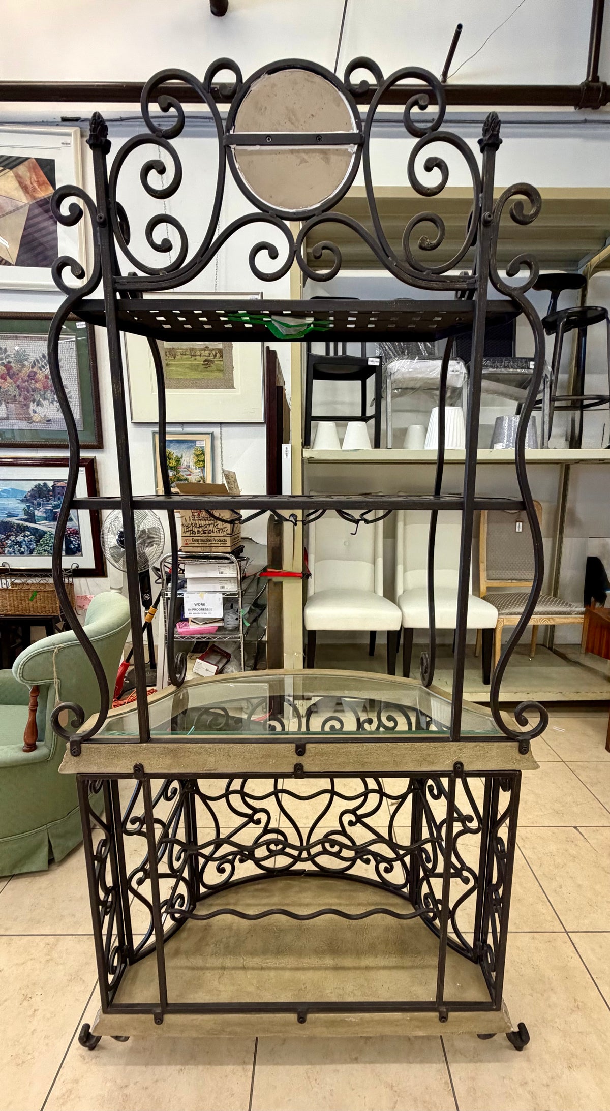 Ornate Mediterranean Wrought Iron Wine Bar & Baker's Rack with Carved Stone-Look Trim