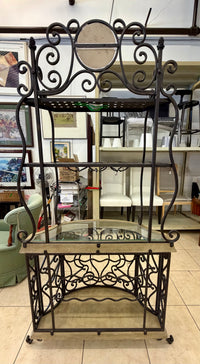 Ornate Mediterranean Wrought Iron Wine Bar & Baker's Rack with Carved Stone-Look Trim
