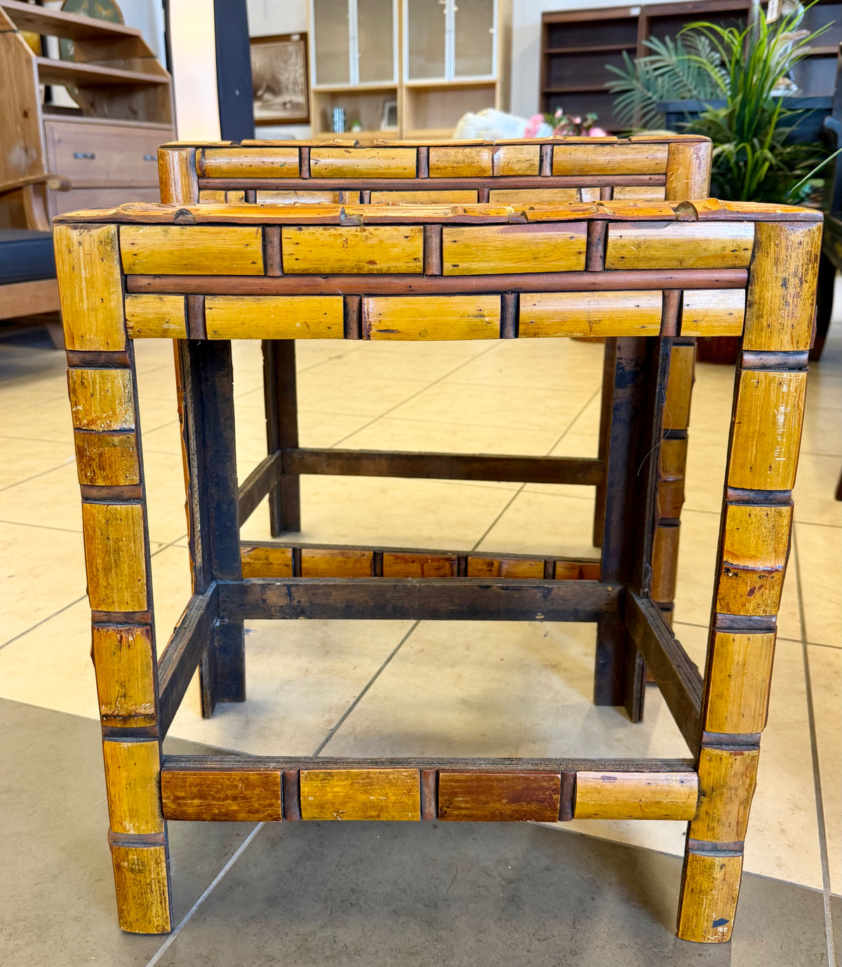 Vintage Bamboo-Design Faux-Brick Nested End Table Set of 2