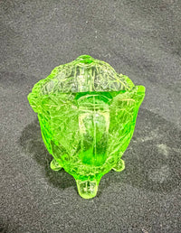 Vintage Indiana Glass "Sweet Pear" Uranium Green Depression Glass Double-Handled Footed Bowl