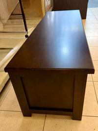 Sturdy Espresso Media Console with Glass Cabinet Doors and Center Drawer