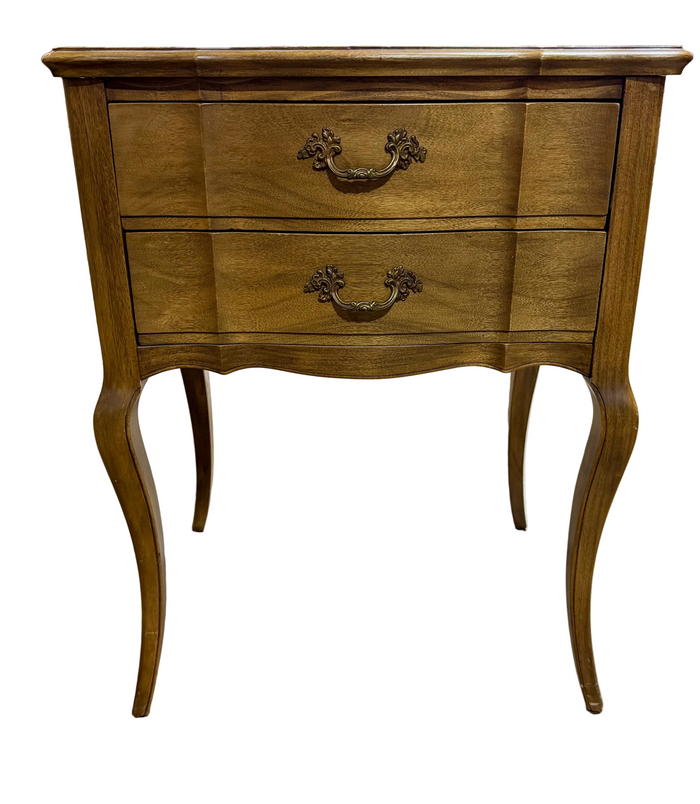 Vintage French Provincial 2-Drawer Nightstand – Cabriole Legs & Velvet Lined