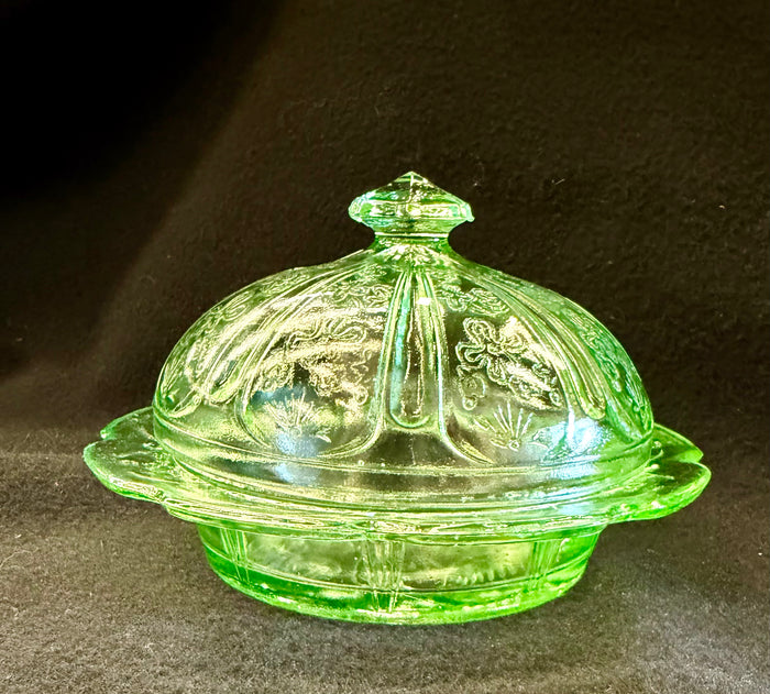 Glowing Vintage Uranium Glass Covered Cheese or Butter Dish