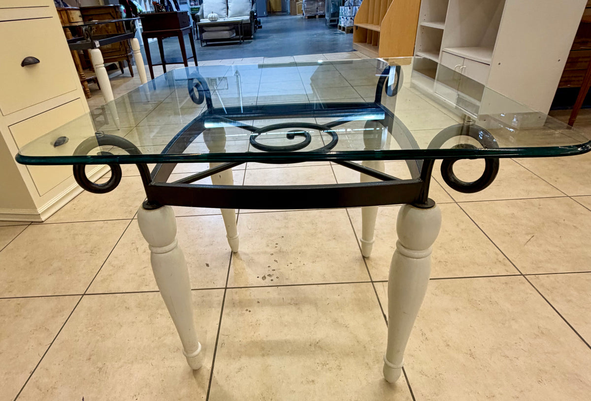 French Country Cottage Wrought Iron & Turned Wood Square Glass Side Table