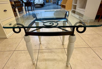 French Country Cottage Wrought Iron & Turned Wood Square Glass Side Table