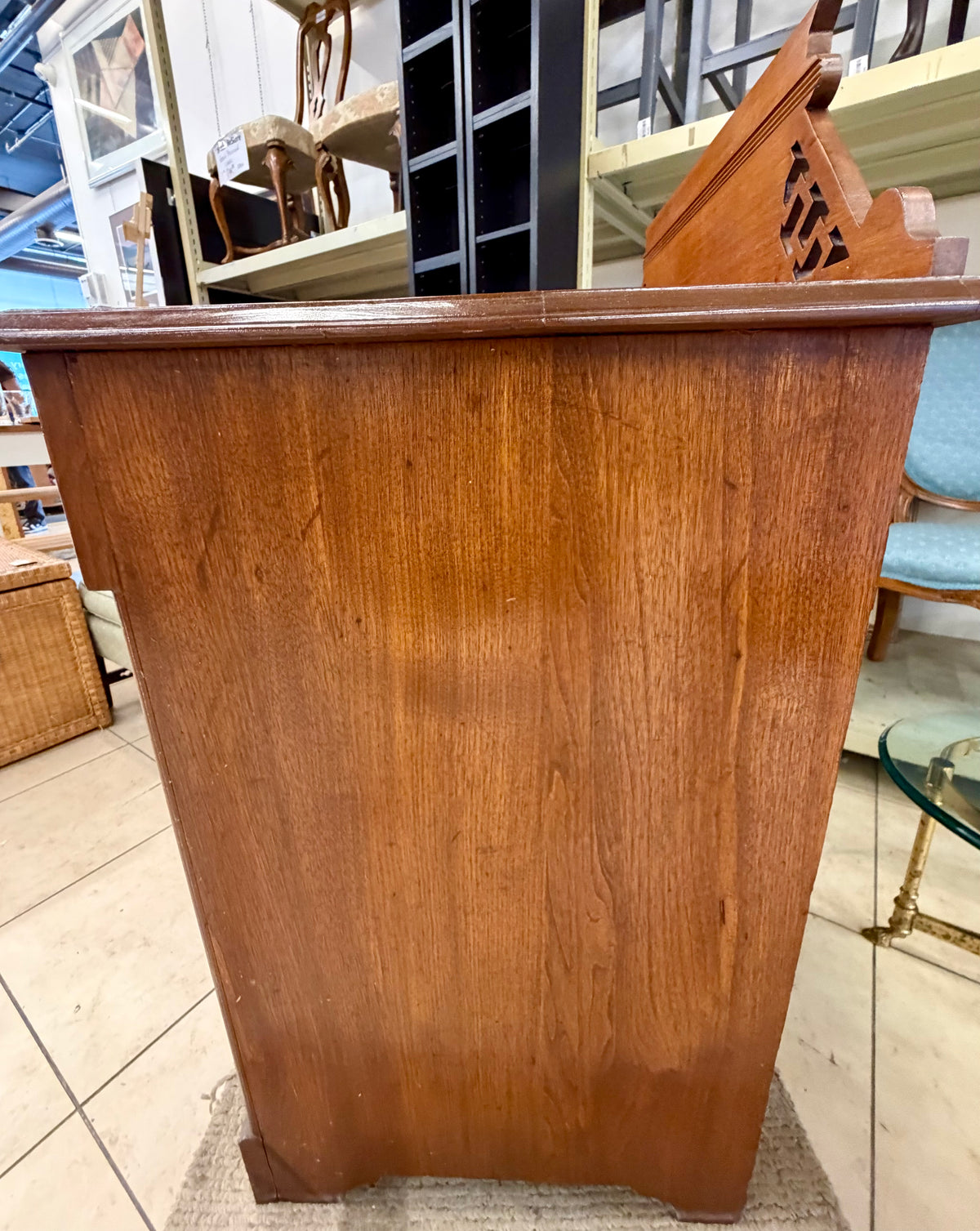 Antique Wood Cabinet with Raised Backsplash and Diamond Panel Doors