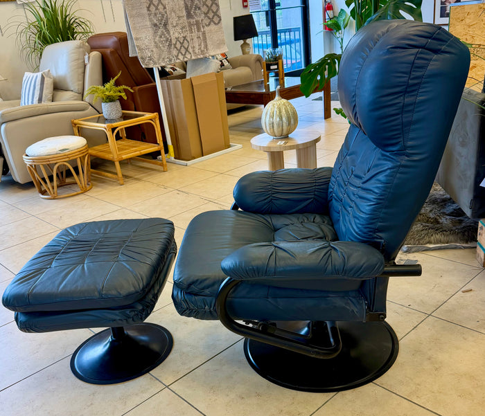 Cozy Retro Blue Combination Leather Swivel Recliner and Ottoman Set