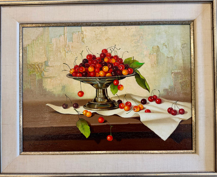 Vintage R. Campo Framed Oil Painting – Abundant Cherry Still Life