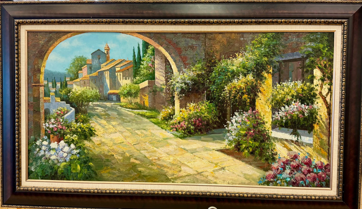 Oversized Framed Mediterranean Architectural Villa Oil Paintin