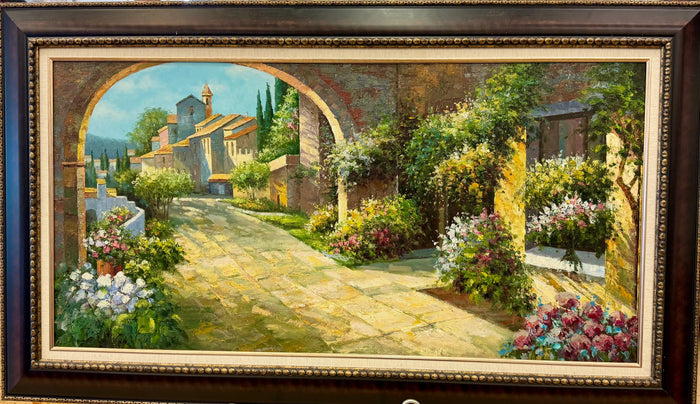 Oversized Framed Mediterranean Architectural Villa Oil Paintin