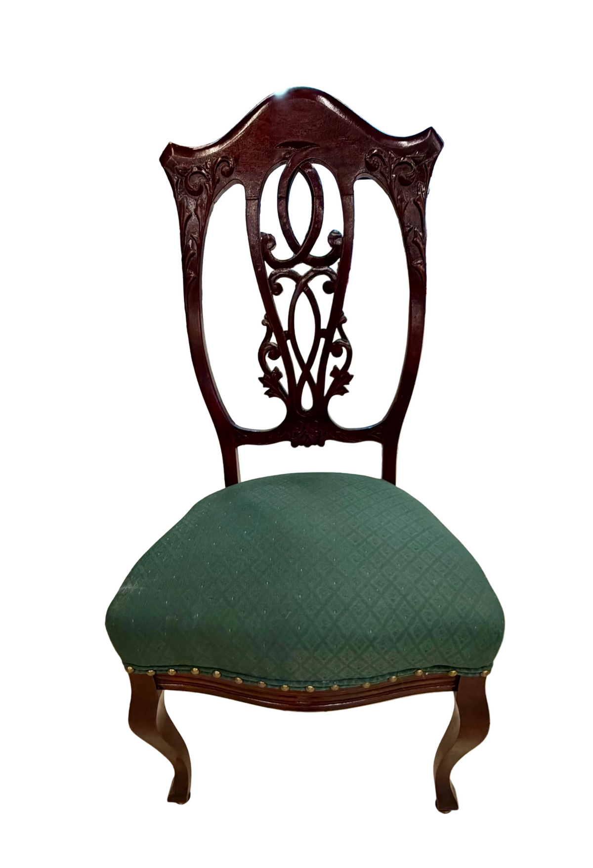 Vintage Chippendale-Style Dining Chair with Teal Upholstery