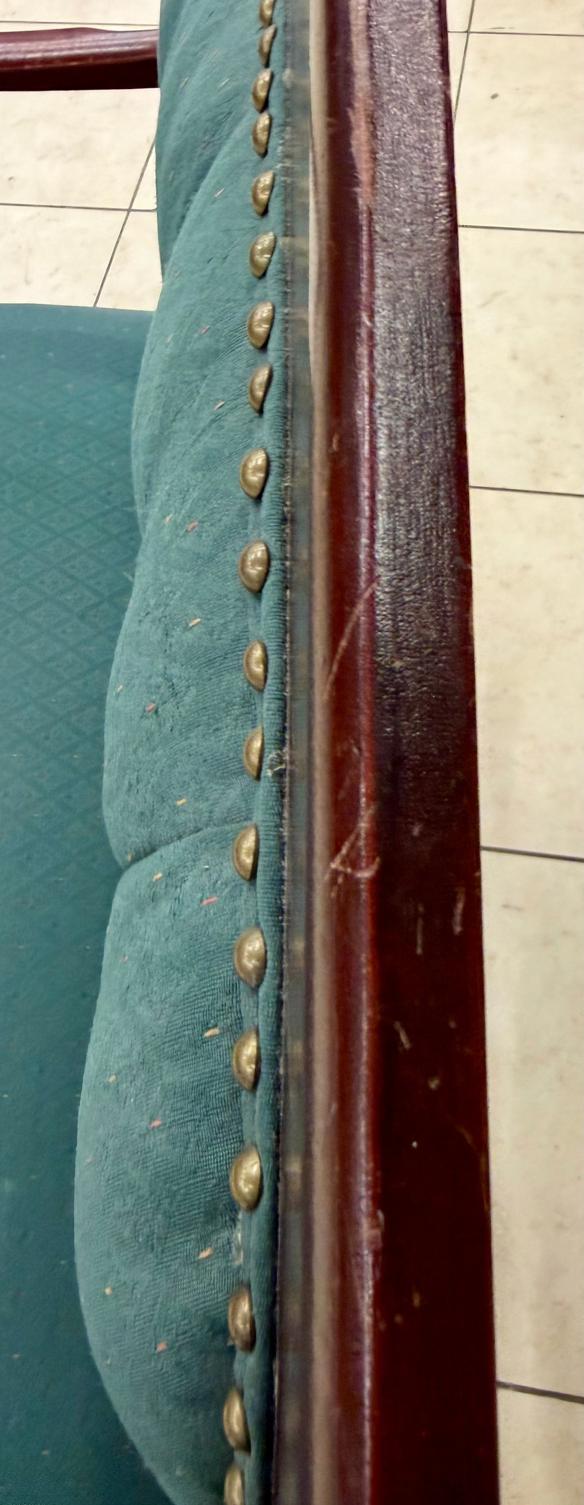 Vintage Tufted Settee / Loveseat – Emerald Green & Ornate Carved Wood
