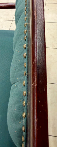 Vintage Tufted Settee / Loveseat – Emerald Green & Ornate Carved Wood