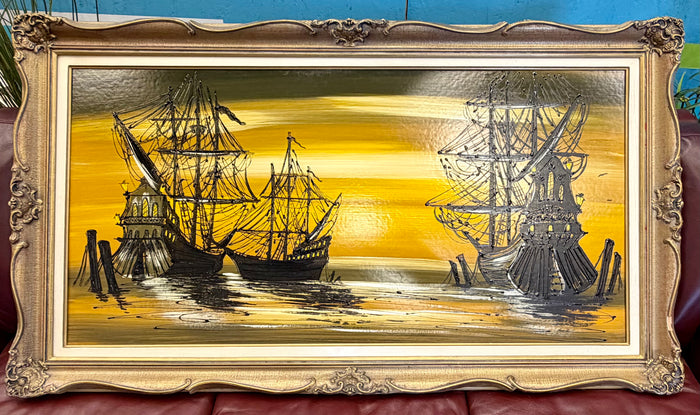 VINTAGE Large MCM Nautical Oil Painting - Tall Ships Sunset - Ornate Gold Frame