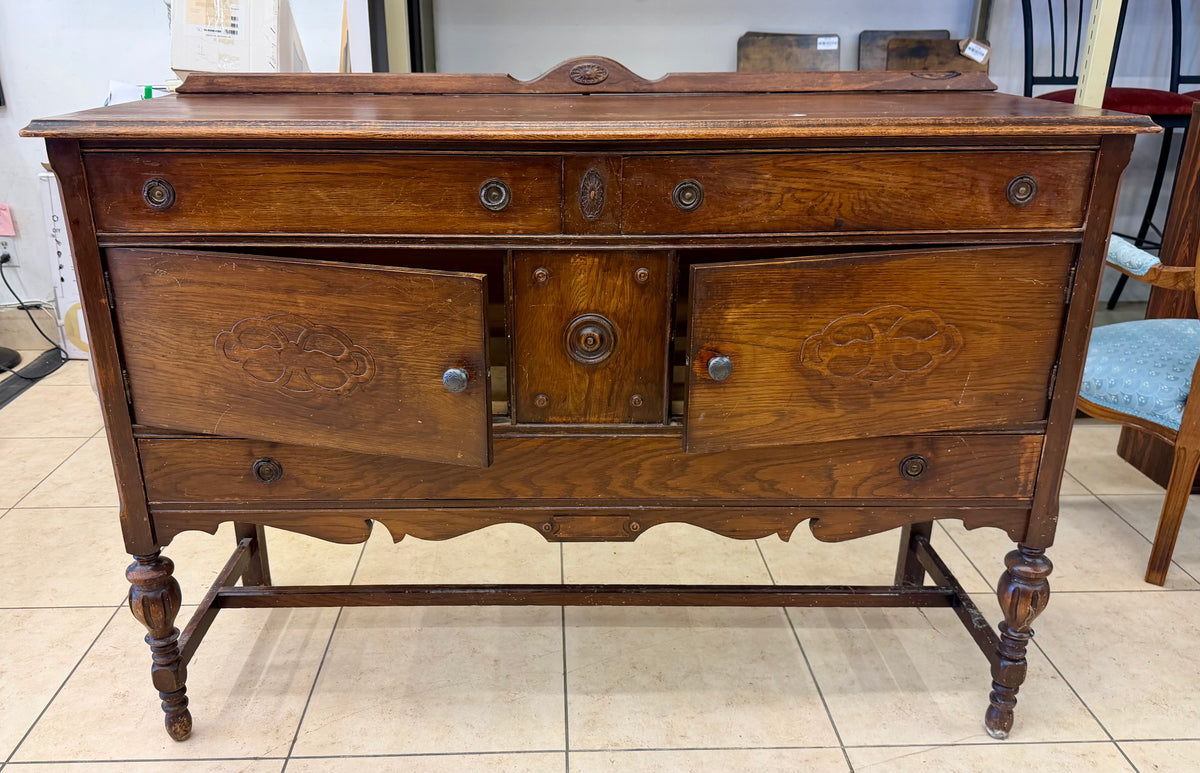 Vintage Jacobean Revival Quarter-Sawn Oak Buffet / Sideboard with Carved Details and Silverware Drawer