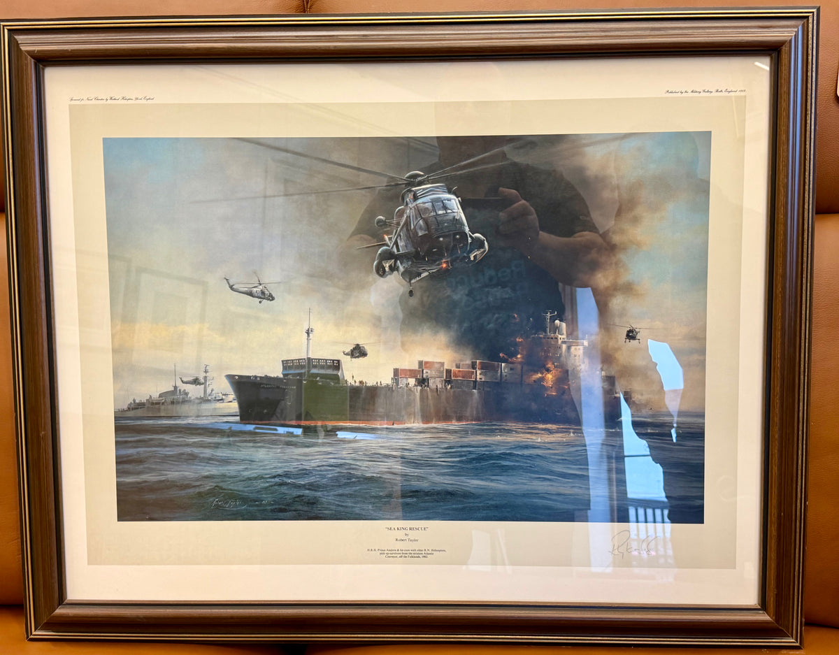Robert Taylor "Sea King Rescue" Signed Limited Edition Print – Falklands War 1982 – Framed 30" x 23"
