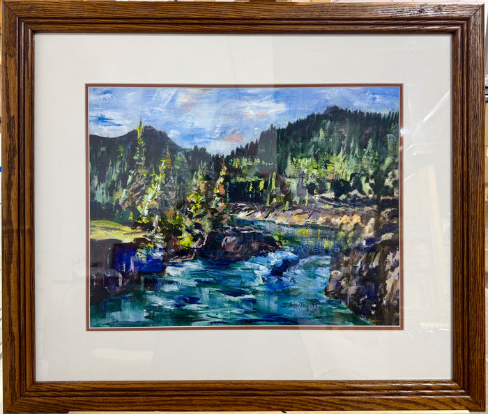 “Serene Wilderness River Landscape" Original Mixed Media Painting by Janet Stanley