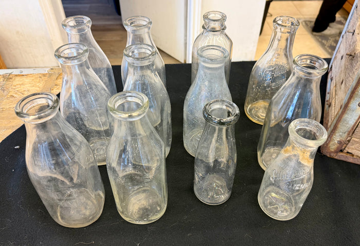 Vintage Rustic Wooden Dairy Milk Crate Set with 12 Authentic Glass Milk Bottles