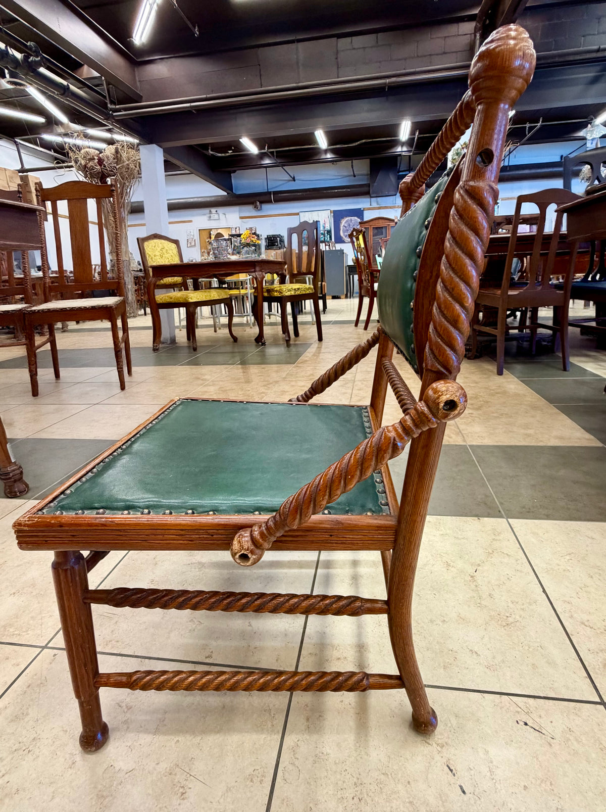 Charming Antique Victorian Barley Twist Accent Chair with Deep Green Upholstery