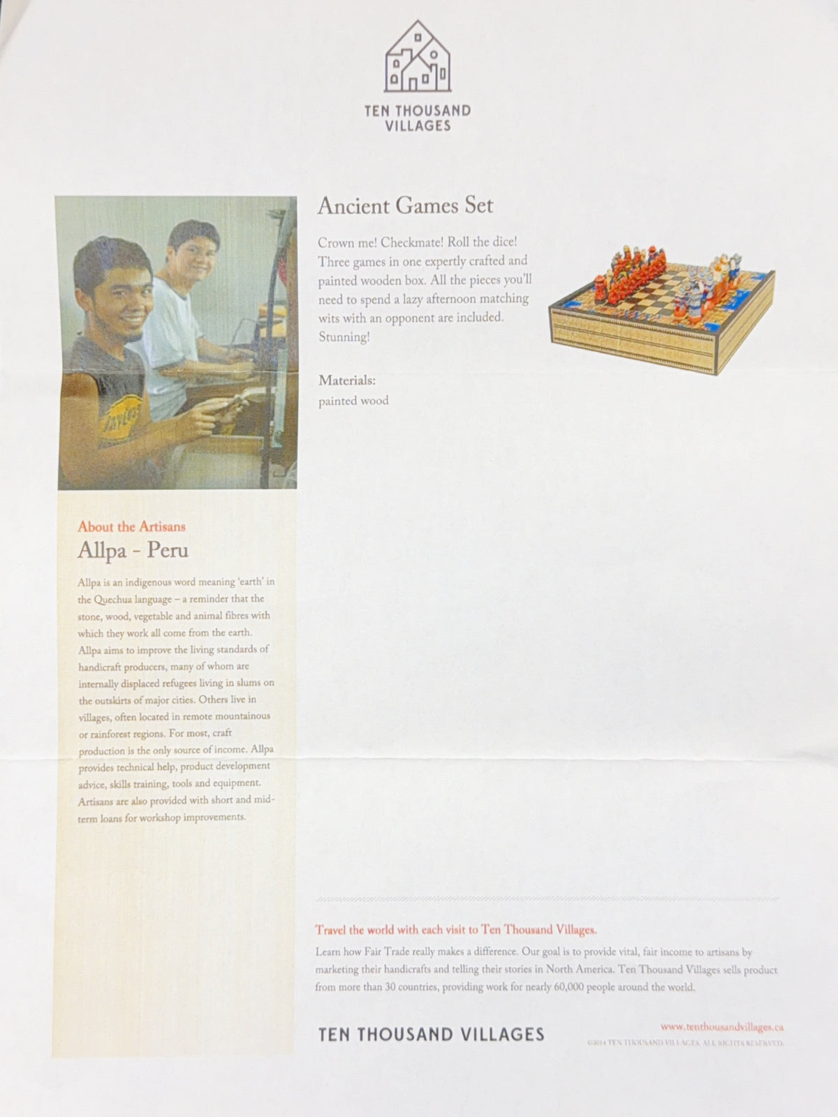 Ten Thousand Villages Ancient Games Set  Chess/ Backgammon