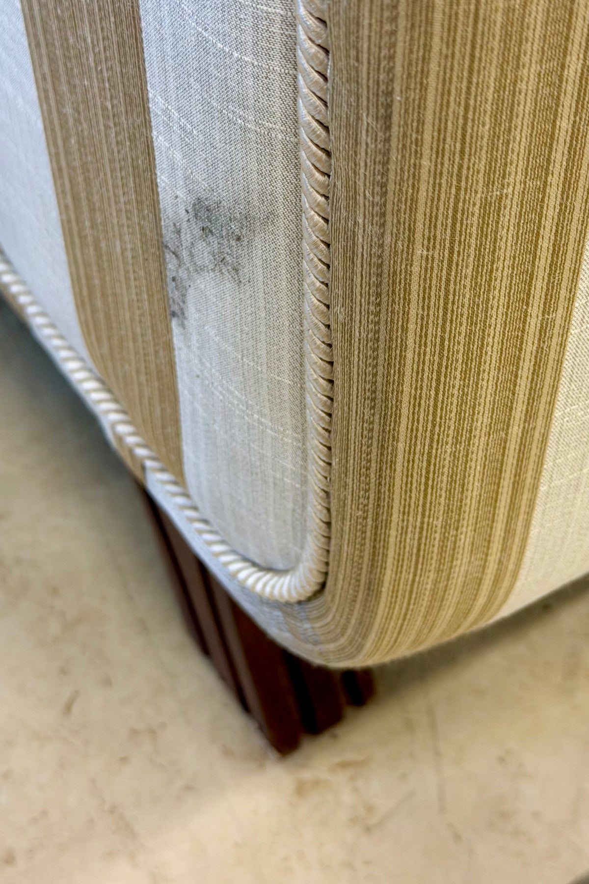 Custom-Crafted Elegance: Long Gold Damask and Striped Statement Sofa