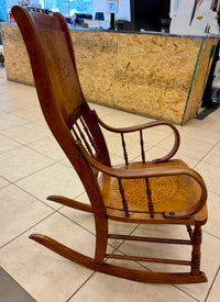 Antique Victorian Oak & Ply-Veneer Punch-Work Rocking Chair with Fleur-de-Lis Motifs