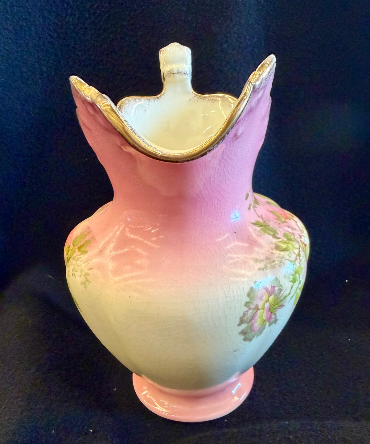 Vintage Hand-Painted Pink and Cream Floral Ceramic Pitcher with Gilded Trim