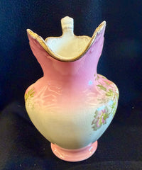 Vintage Hand-Painted Pink and Cream Floral Ceramic Pitcher with Gilded Trim