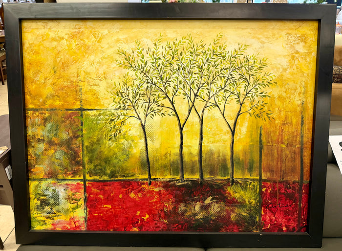 Large 50" Signed Cartier Original Canvas – Abstract Trees – Bold Red & Gold Textured Art