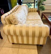 Custom-Crafted Elegance: Long Gold Damask and Striped Statement Sofa