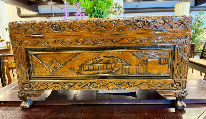 Hand Carved Vintage Asian Camphor Wood Decorative Chest with Intricate Figural Landscapes and Foo Dog Feet